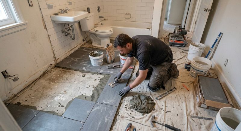 Close-up of subfloor being leveled and prepared.