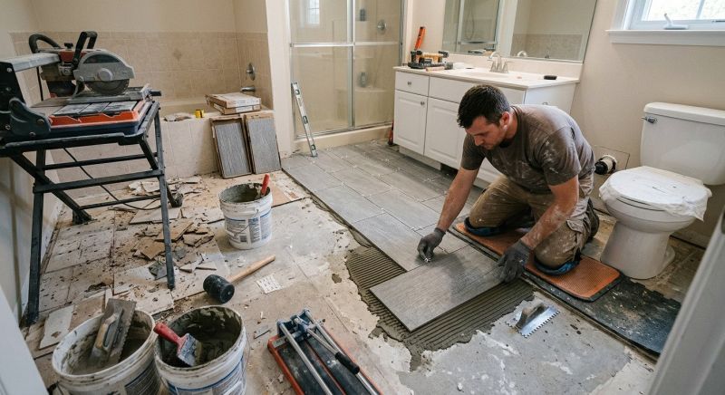 Worker applying sealant to grout lines for protection.